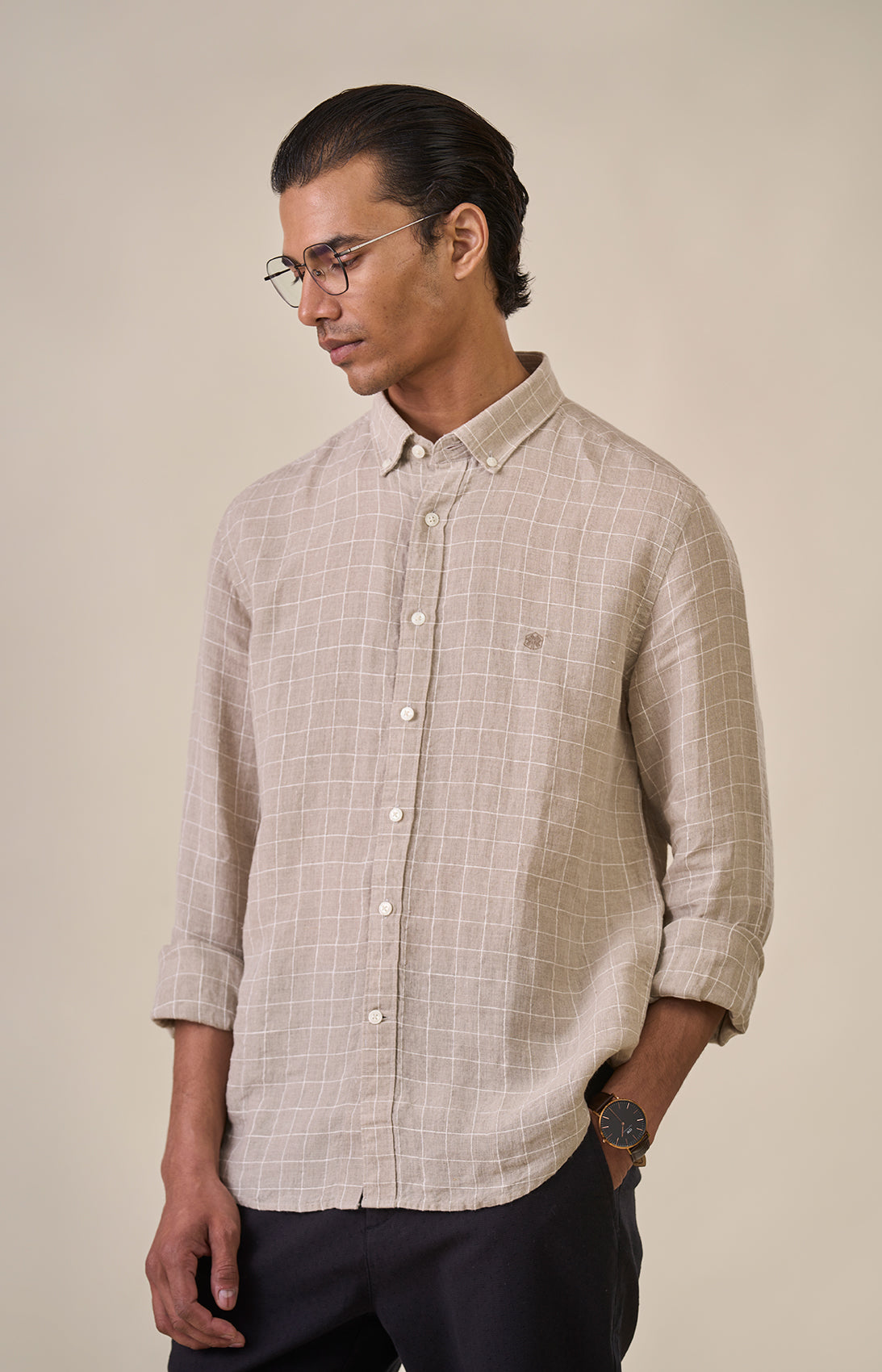 Beige Linen Plaid Check Shirt
