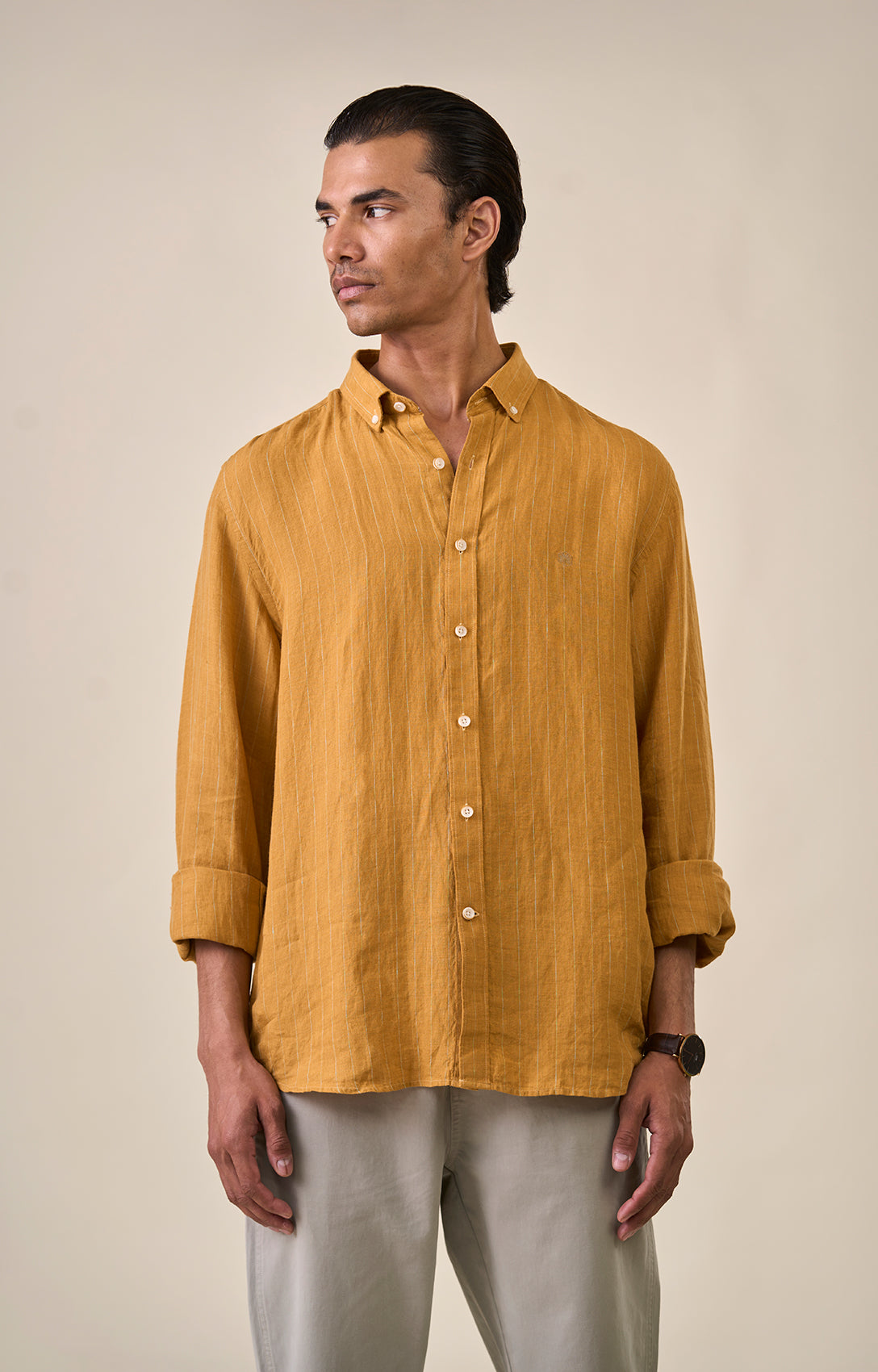 Down Shirt Mustard Striped Linen Button
