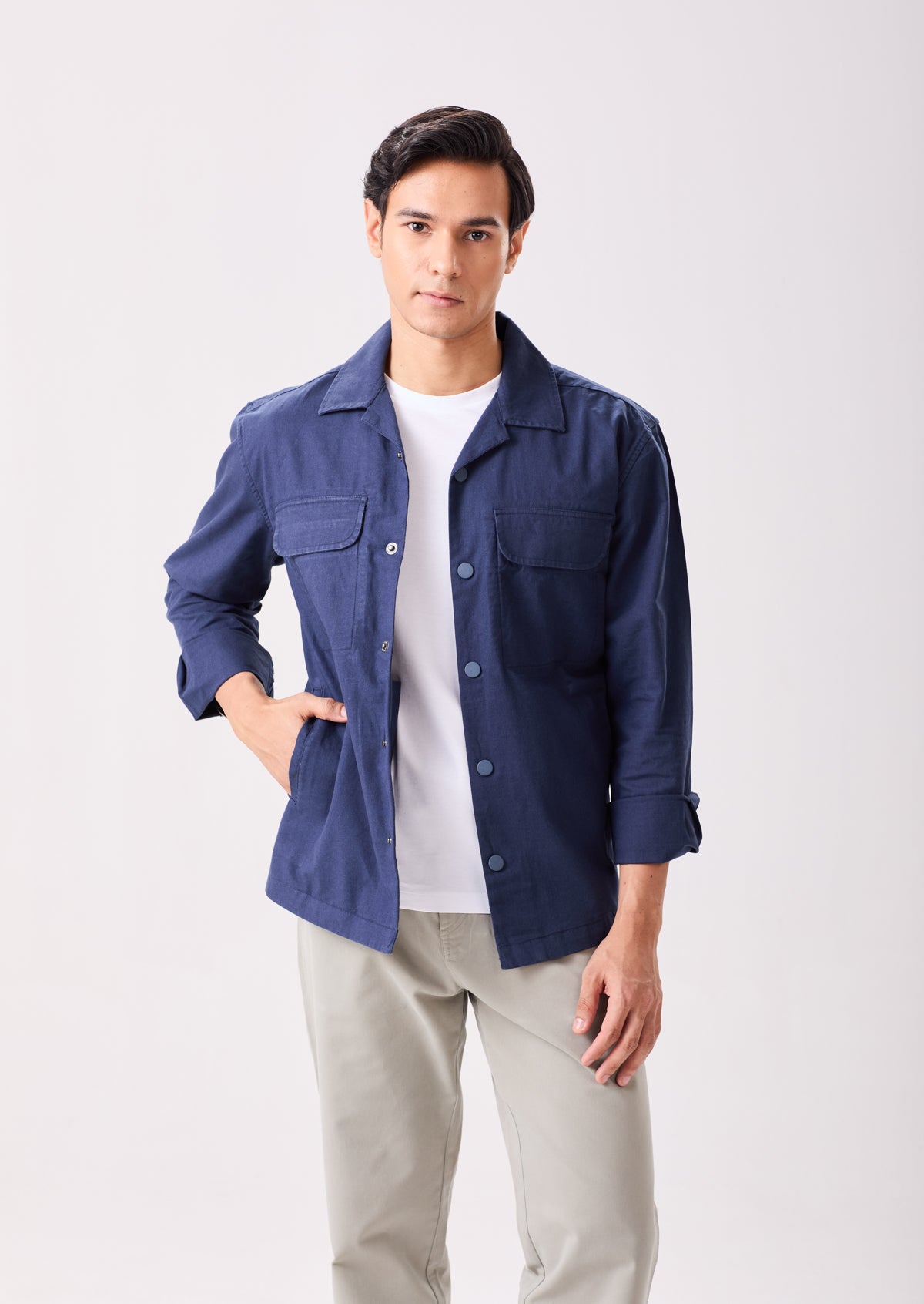 Navy Linen Blend Utility Shacket