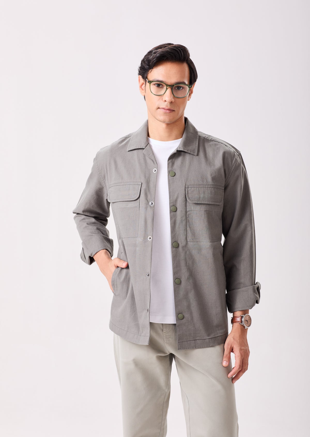 Olive Linen Blend Utility Shacket