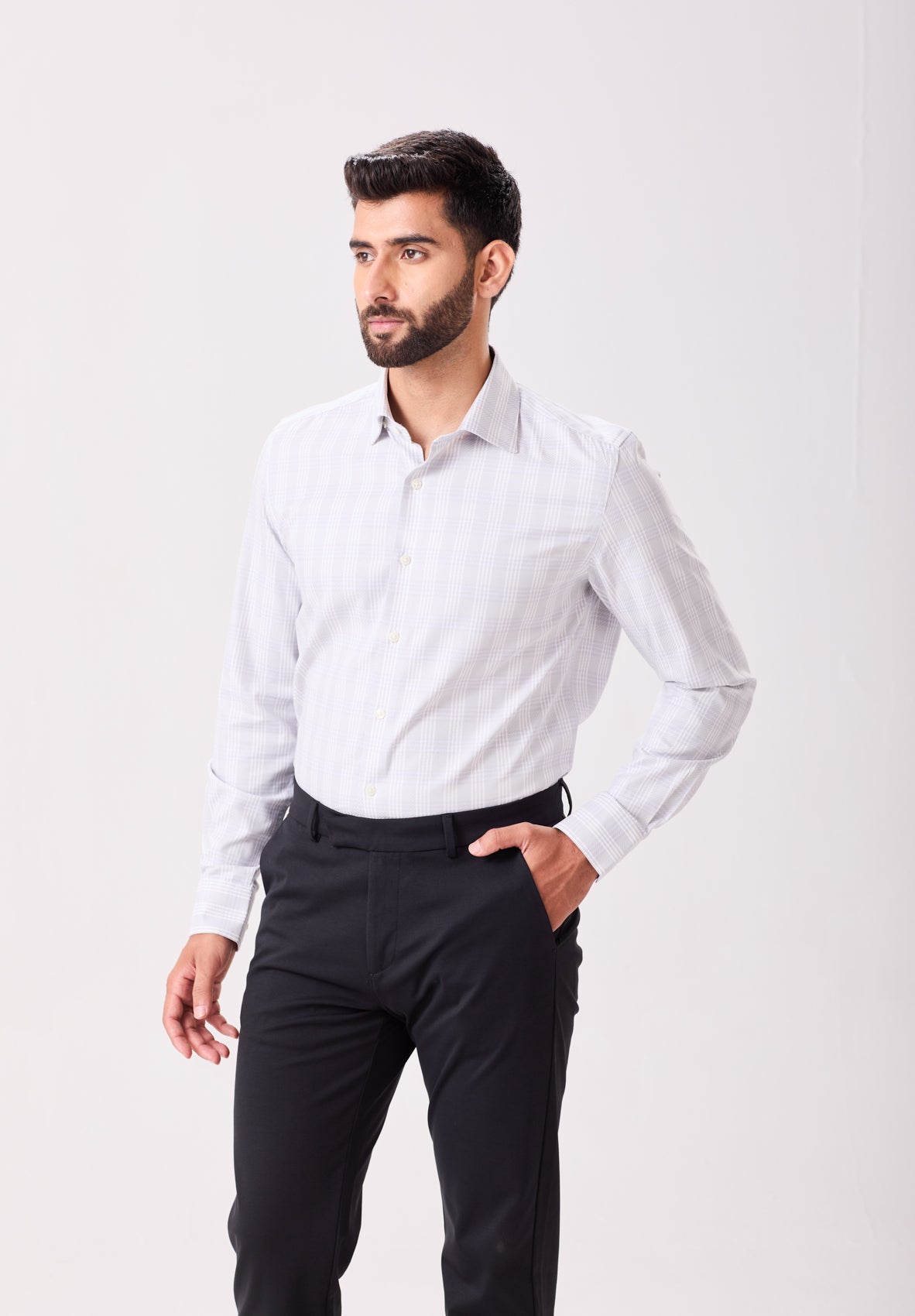 Grey Easy Iron Jacquard Checks Dress Shirt