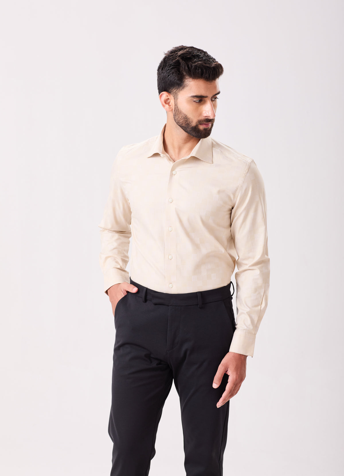Beige Easy Iron Tonal Checks Dress Shirt