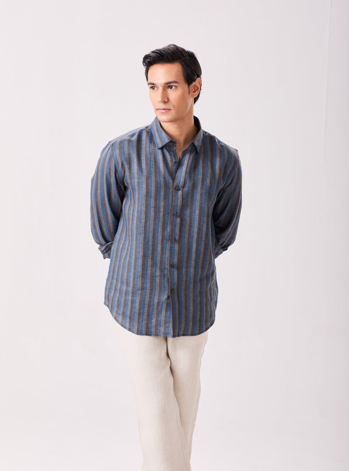 Blue Grey Striped Linen Shirt