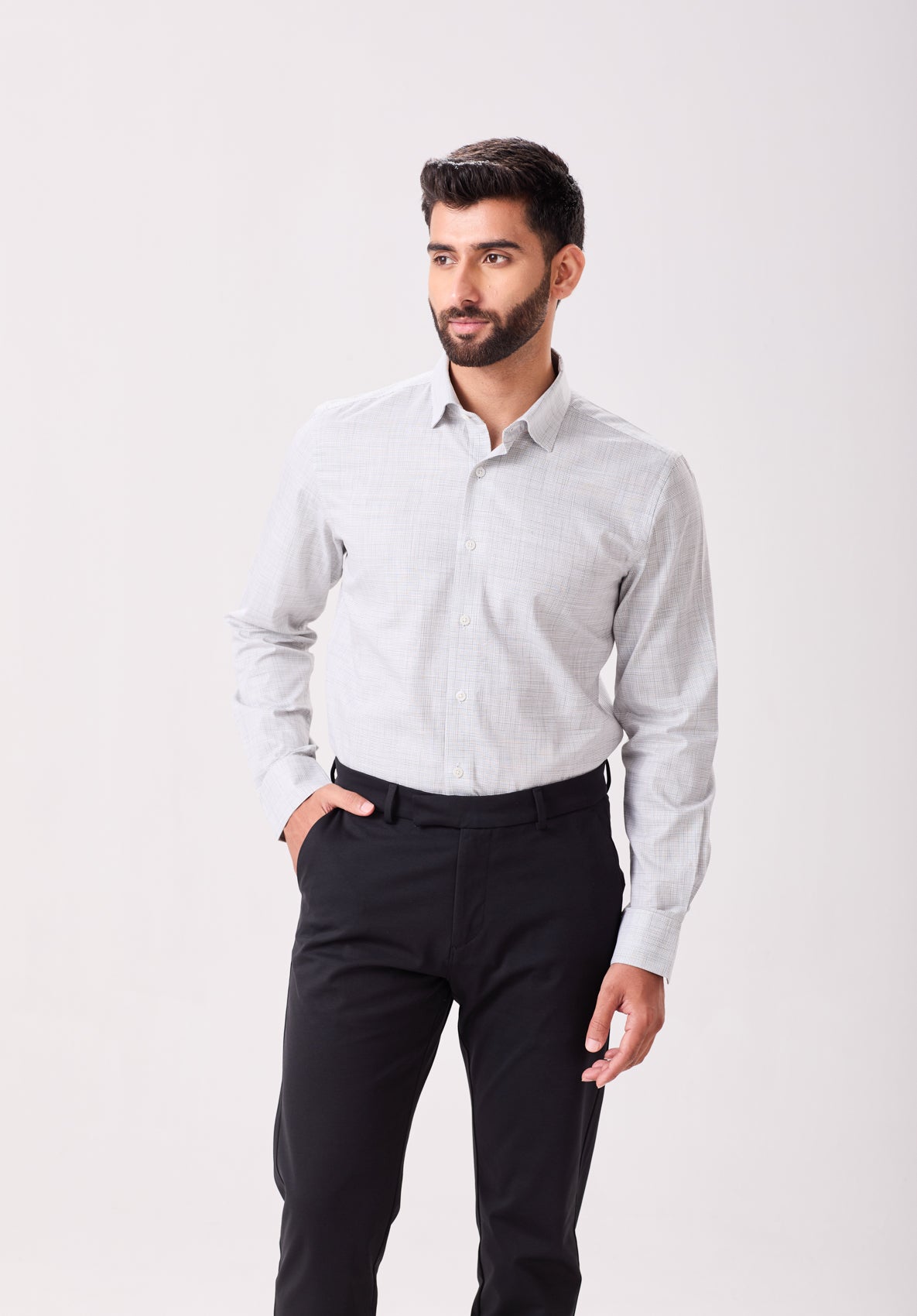 Grey Easy Iron Micro Checks Shirt