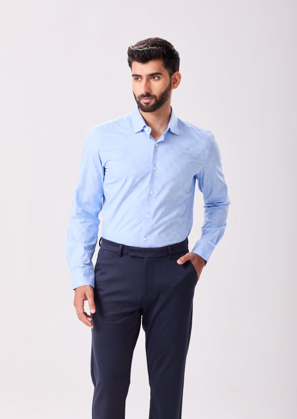 Blue Easy Iron Tonal Checks Dress Shirt