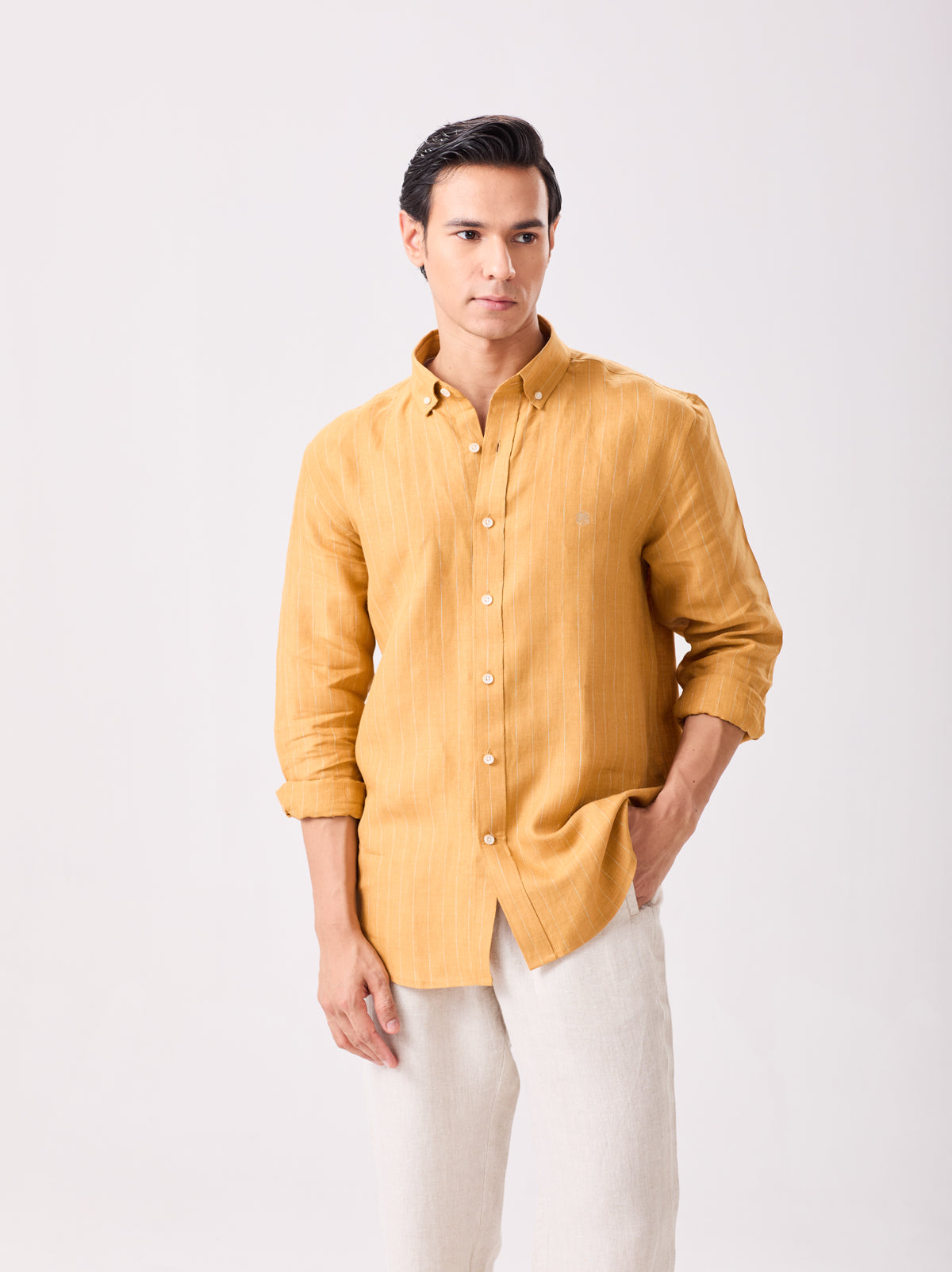Down Shirt Mustard Striped Linen Button