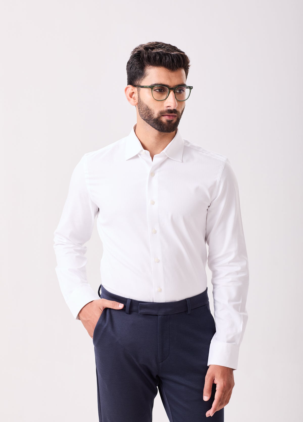 White Cotton Herringbone Formal Shirt