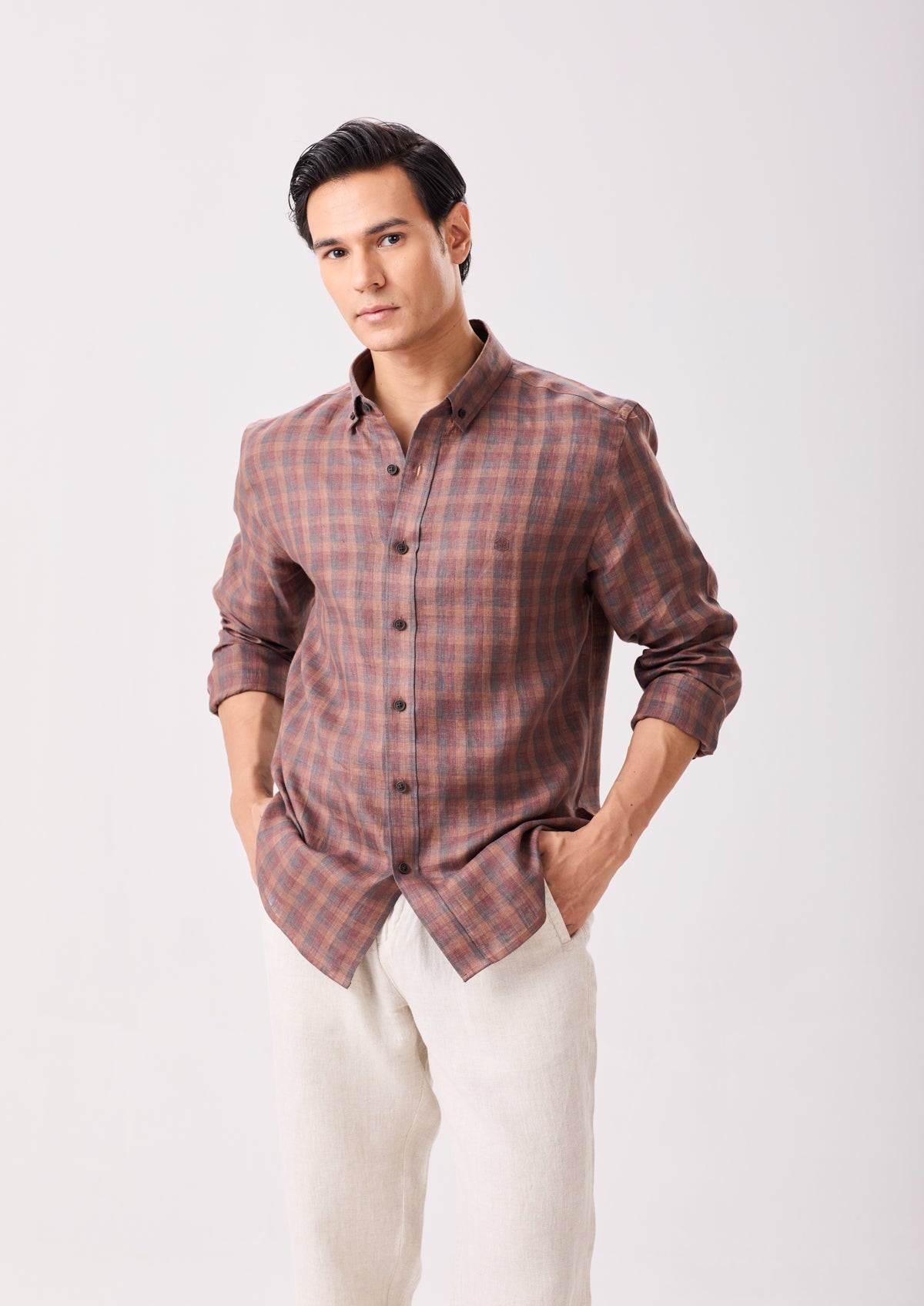 Brown Tonal Checks Linen Shirt