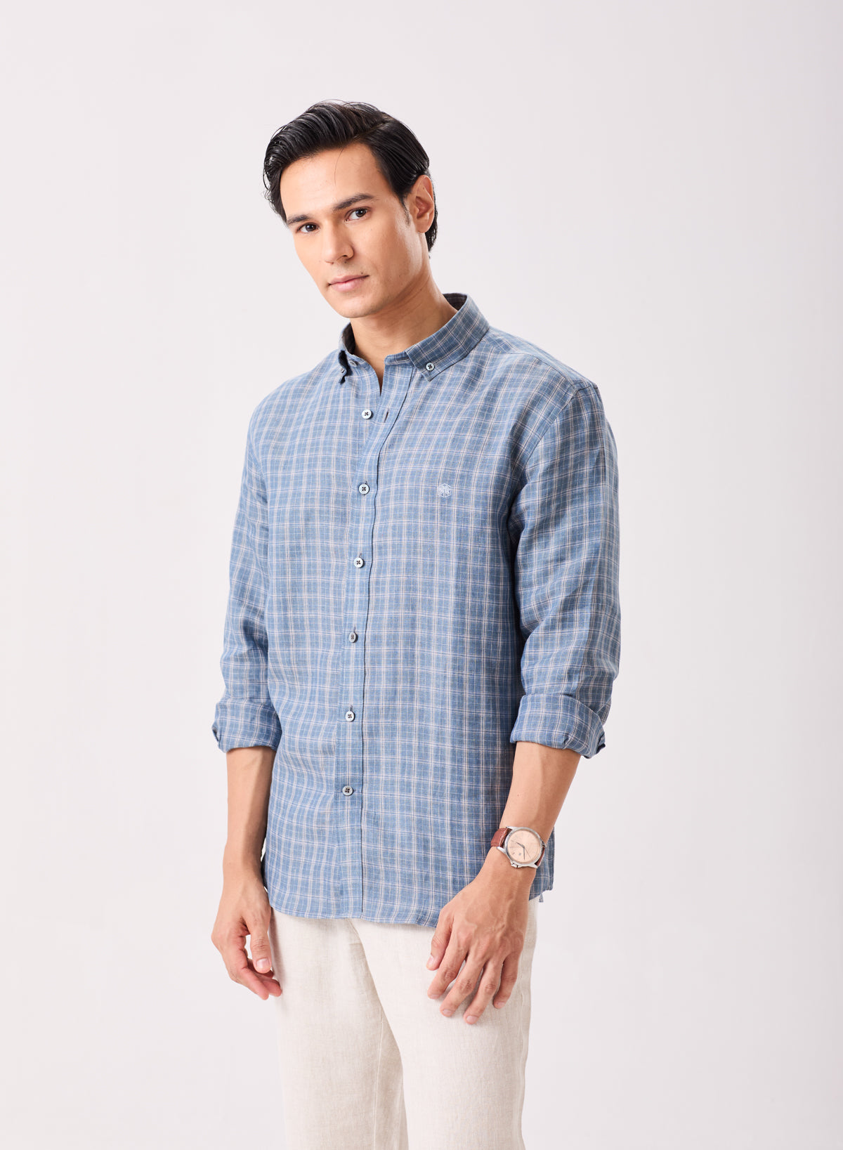 Blue Linen Plaid Shirt