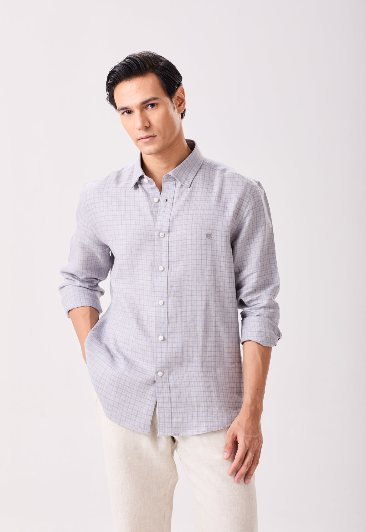 Grey Tattersall Linen Checks Shirt
