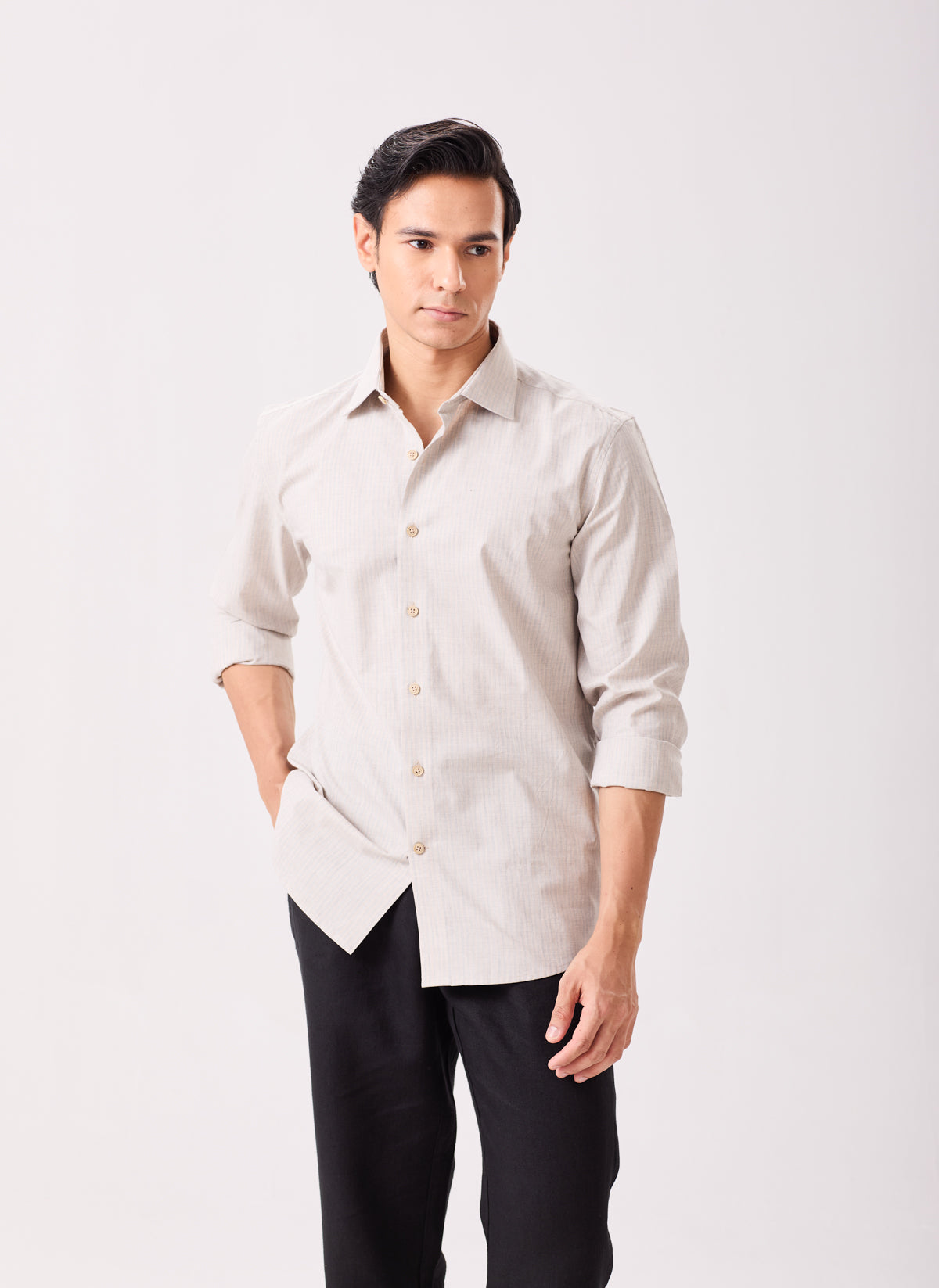 Beige Yarn-Dyed Tonal Stripe Shirt