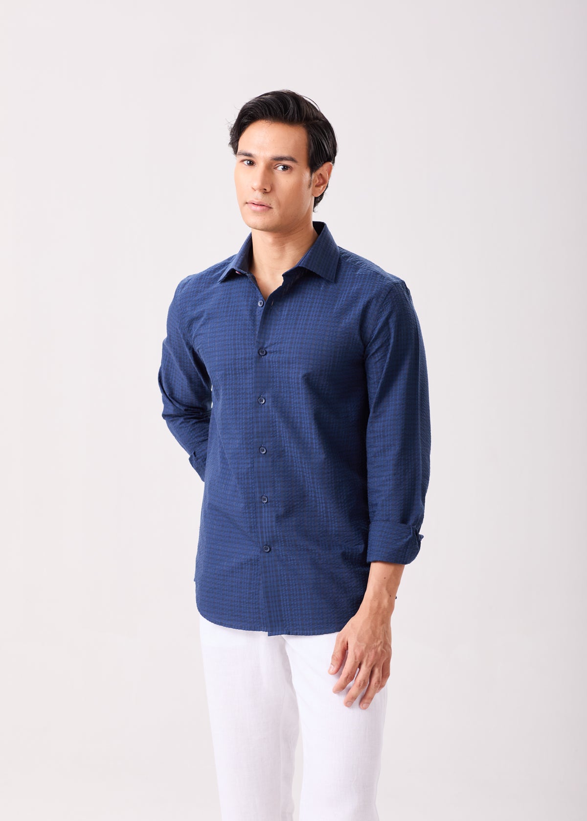 Dark Blue Striped Seersucker Shirt