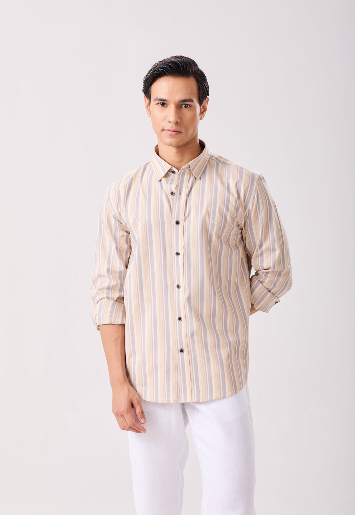 Beige Easy Iron Multi Stripes Shirt