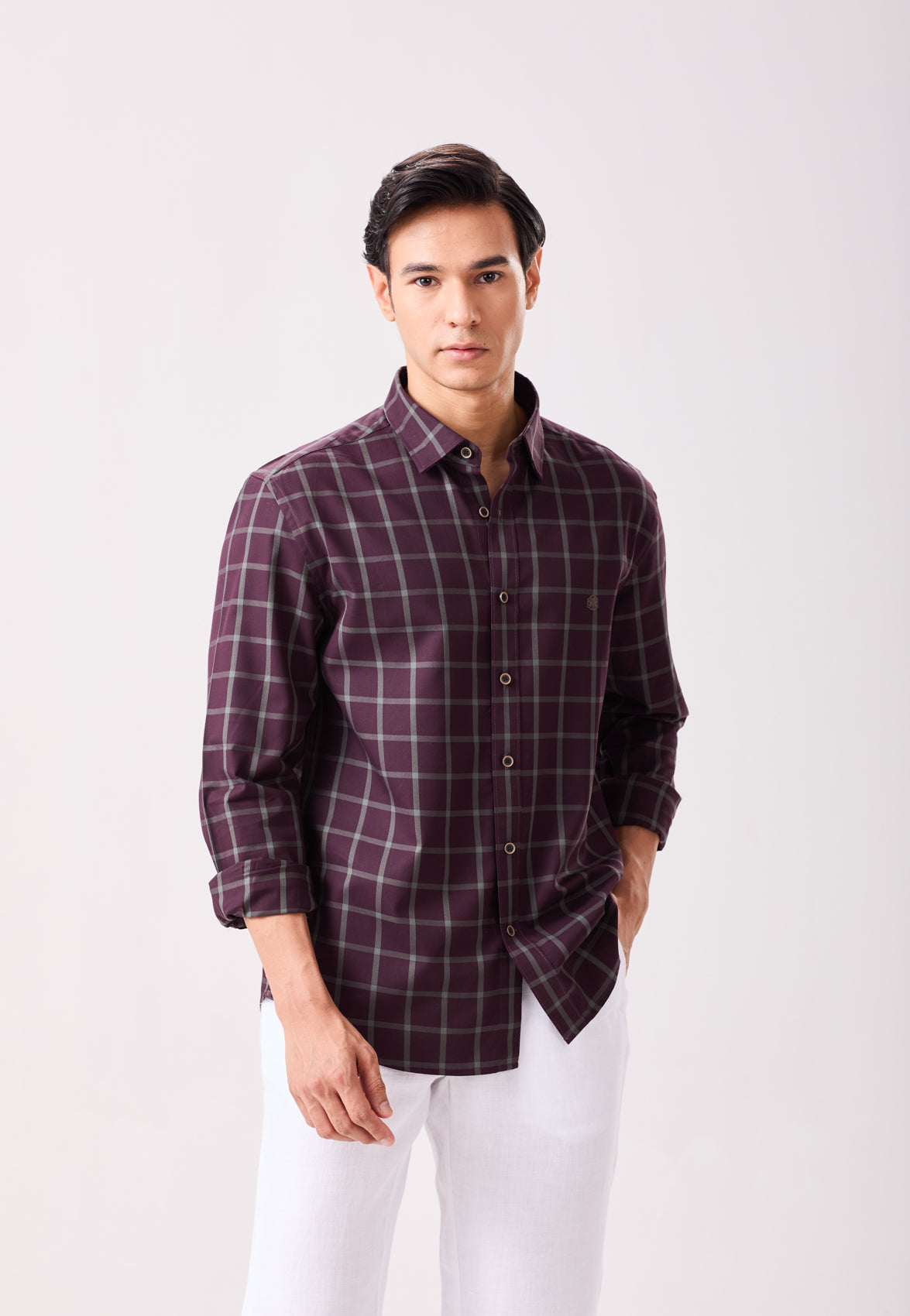 Wine Windowpane Checks Casual Shirt