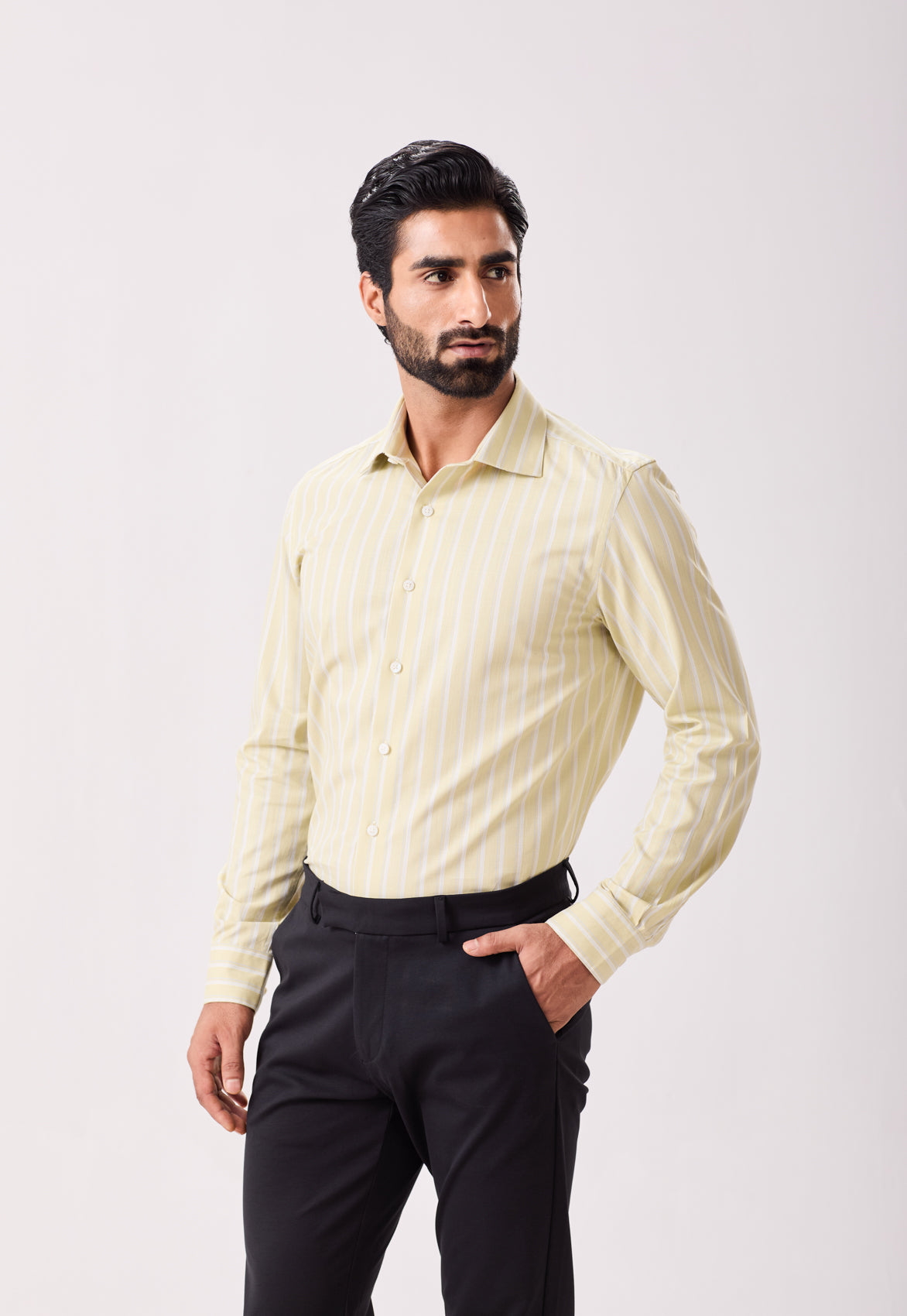 Green Easy Iron Stripe Slub Striped Shirt