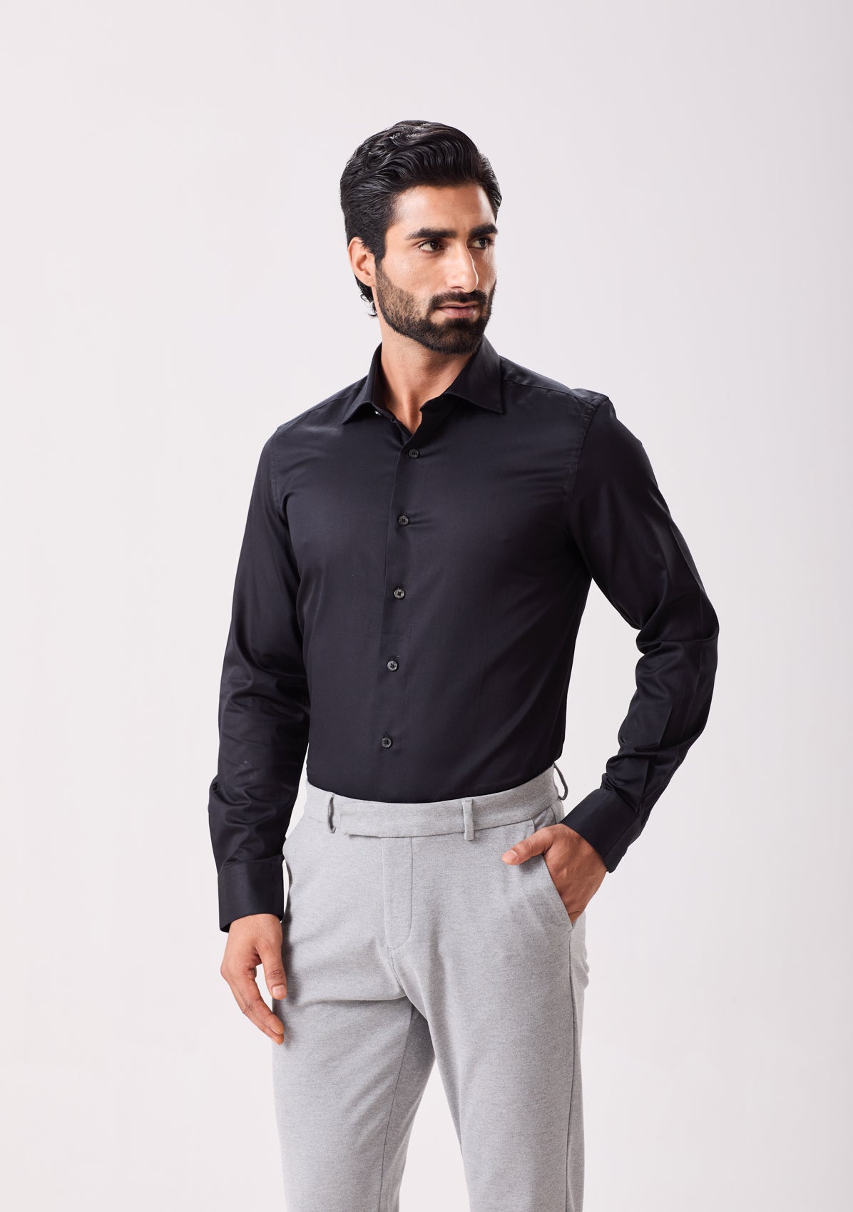 Black Cotton Satin Dress Shirt