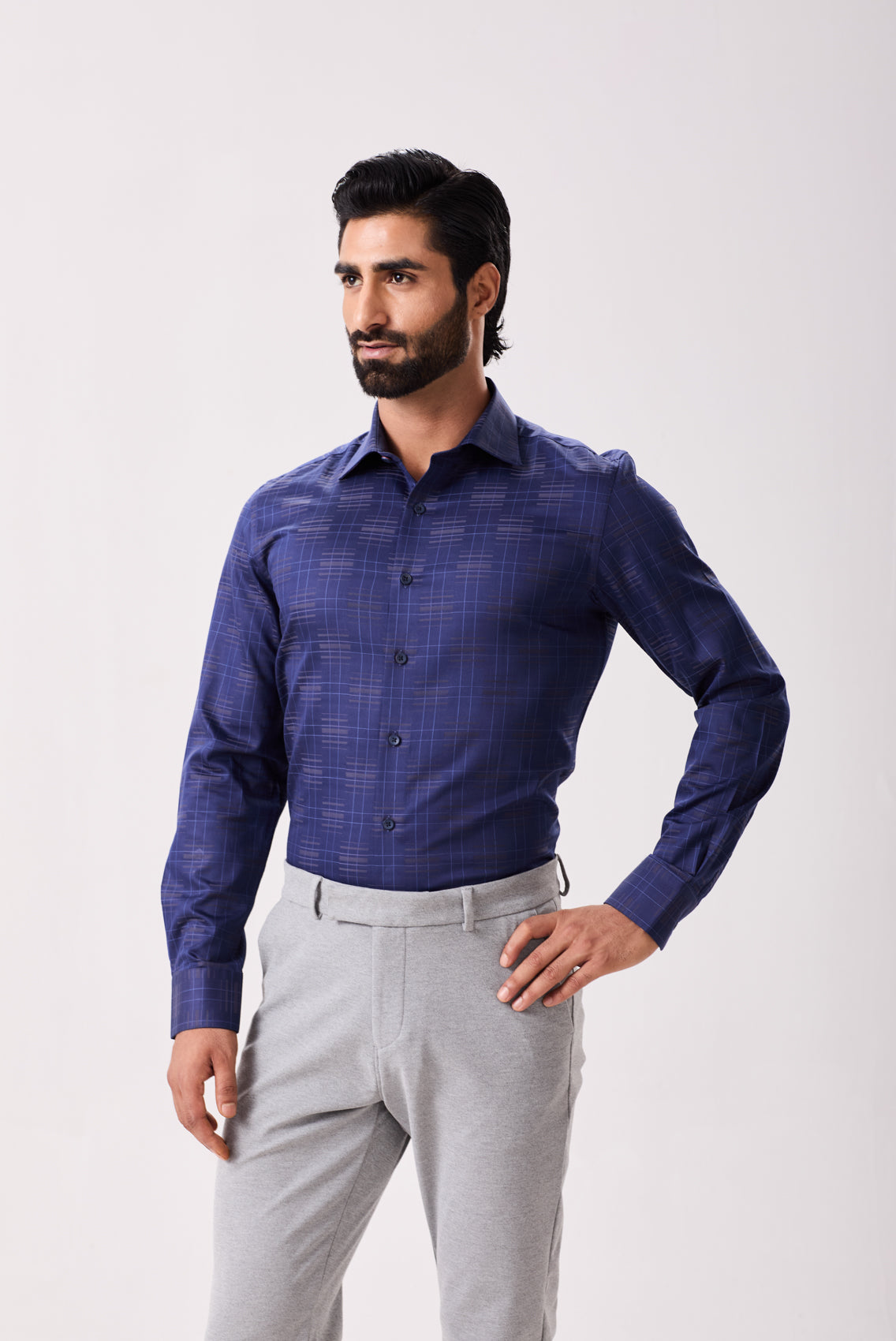 Navy Jacquard Checks Evening Shirt
