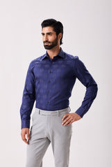 Navy Jacquard Checks Evening Shirt