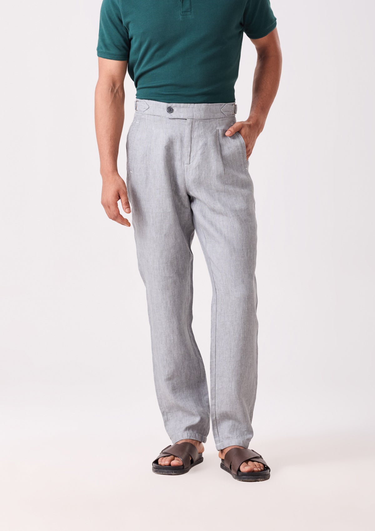 Stone Grey Napoli Pleated Linen Trouser