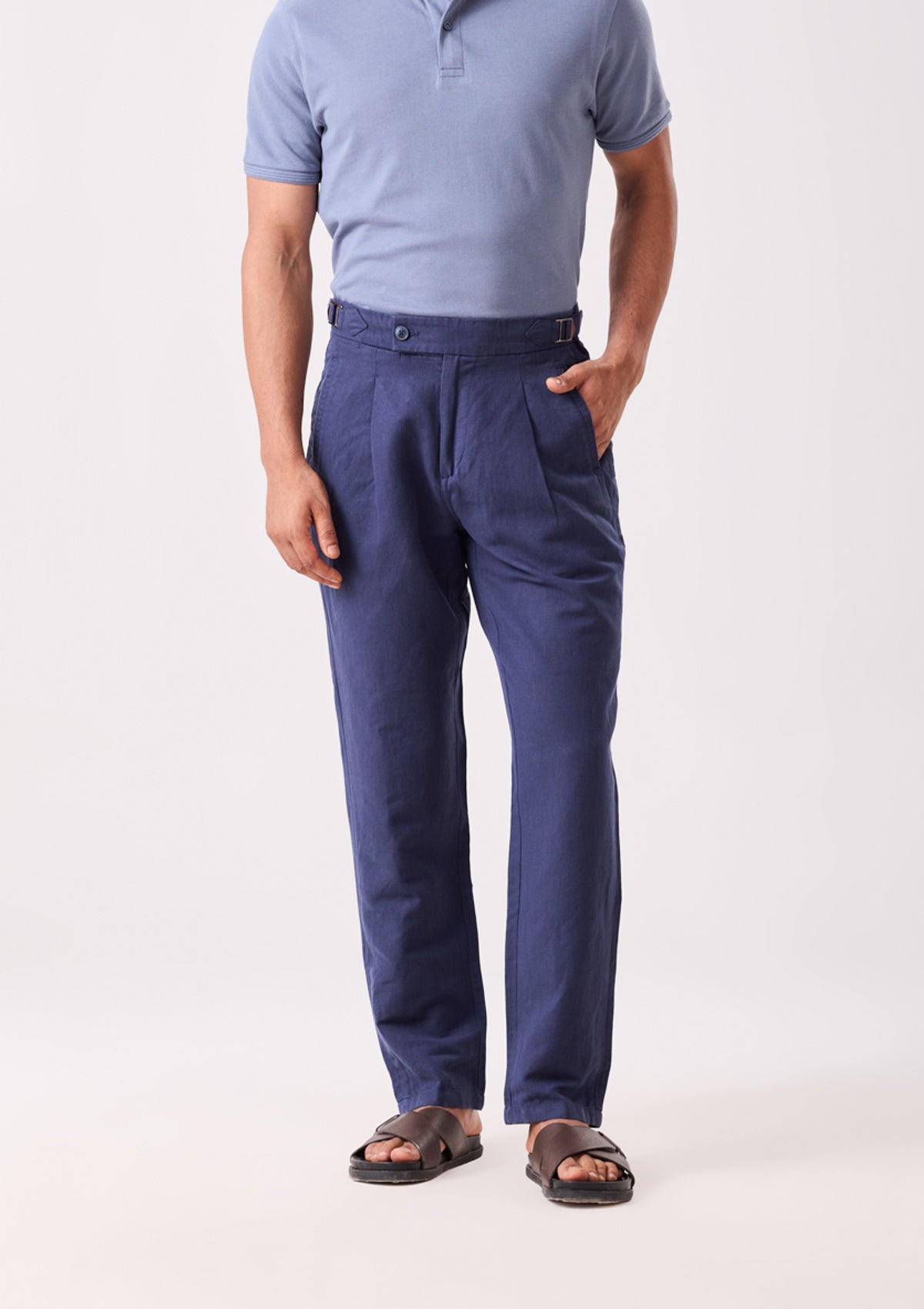 Navy Napoli Pleated Linen Trouser