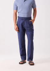 Navy Napoli Pleated Linen Trouser