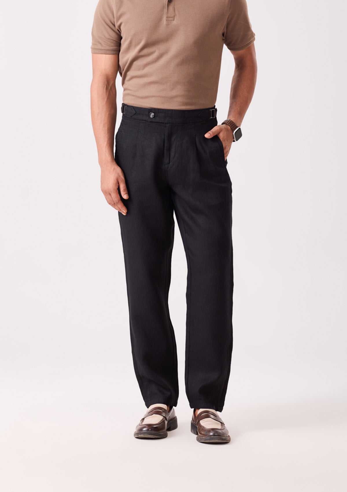 Black Napoli Pleated Linen Trouser