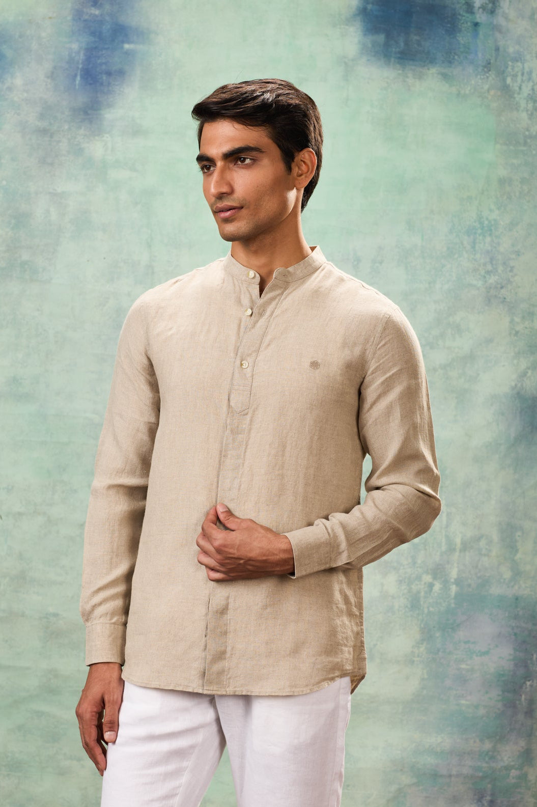Beige Full Sleeve Mandarin Collar Shirt