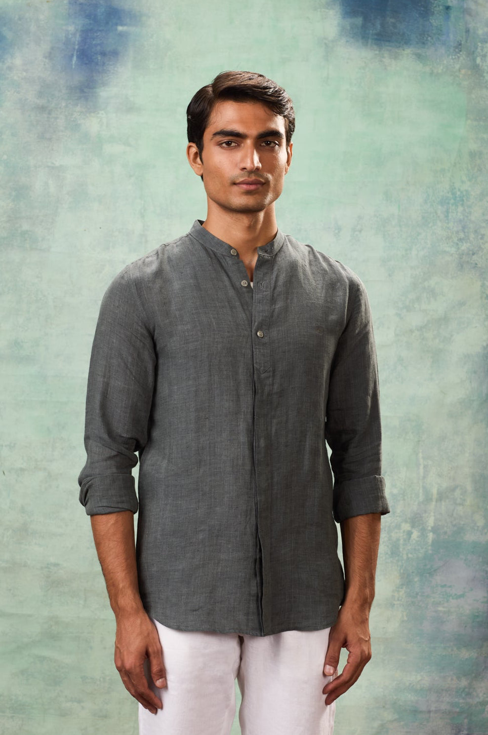 Dark Grey Full Sleeve Mandarin Collar Shirt