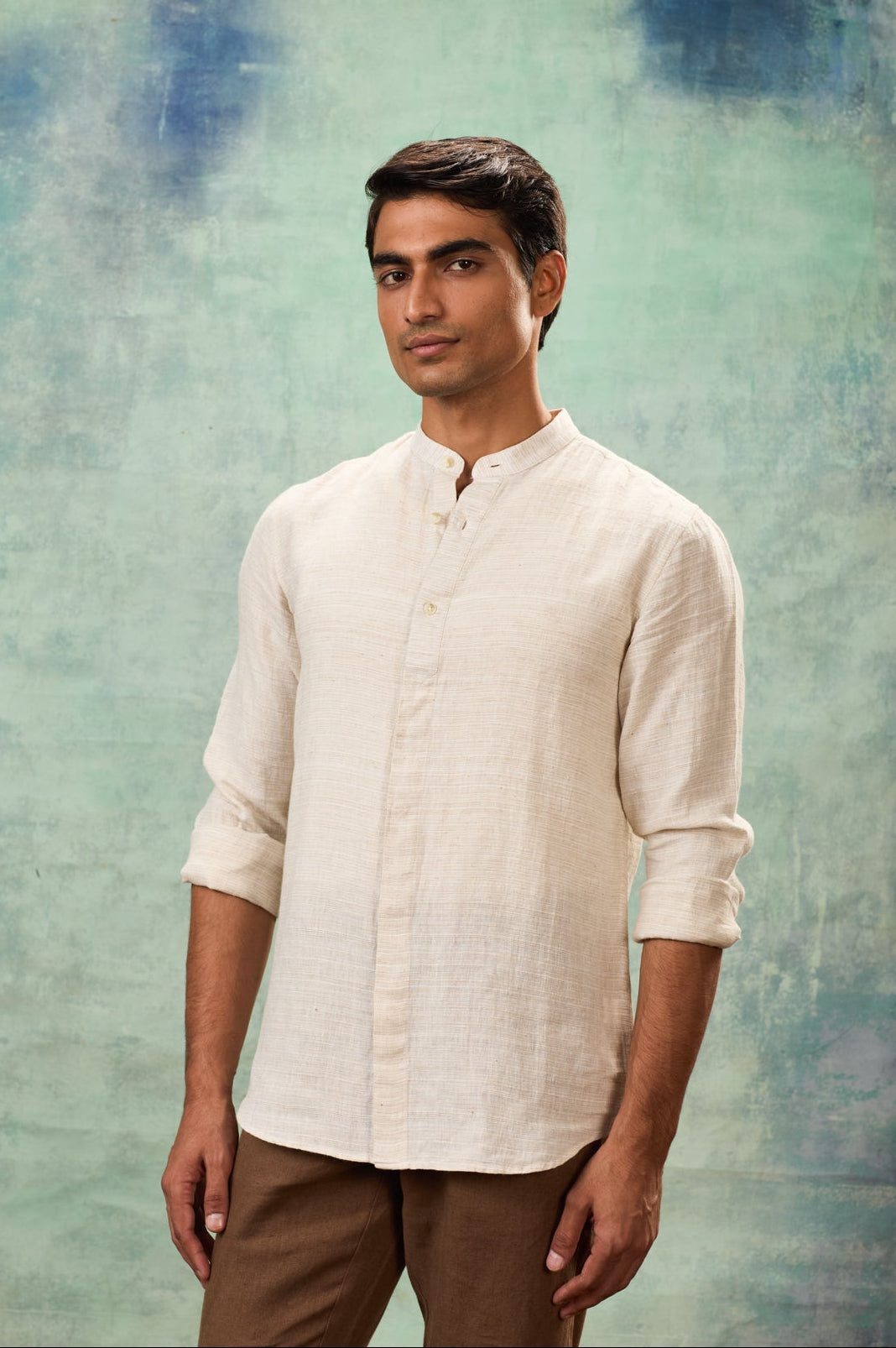 Ecru Full Sleeve Mandarin Collar Shirt