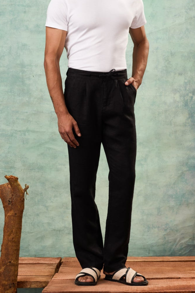 Black Drawstring Linen Trouser