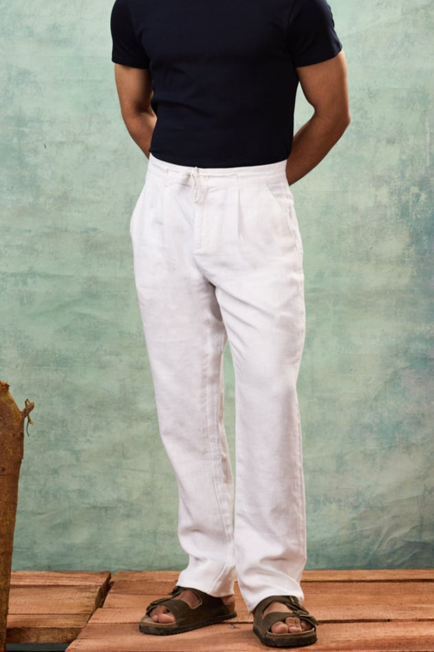 White Drawstring Linen Trousers