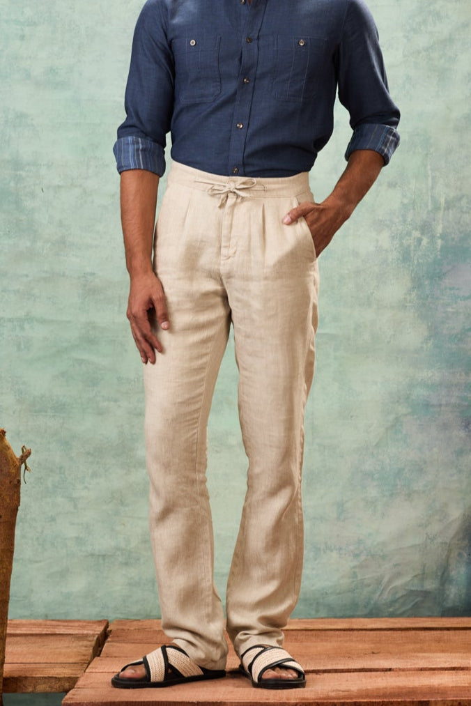 Ecru Drawstring Linen Trouser