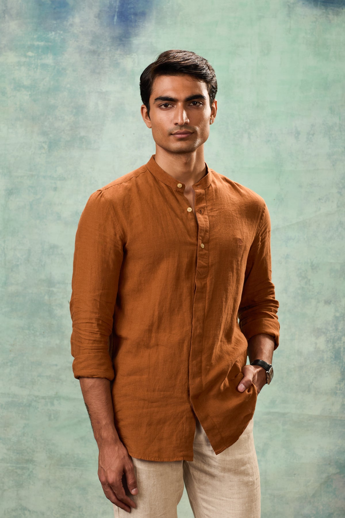 Brown Full Sleeve Mandarin Collar Shirt