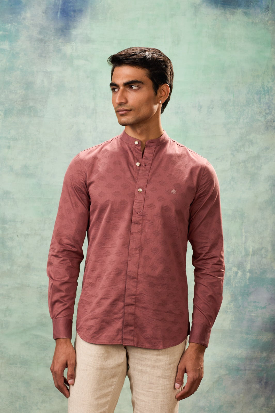 Rust Full Sleeve Mandarin Collar Shirt