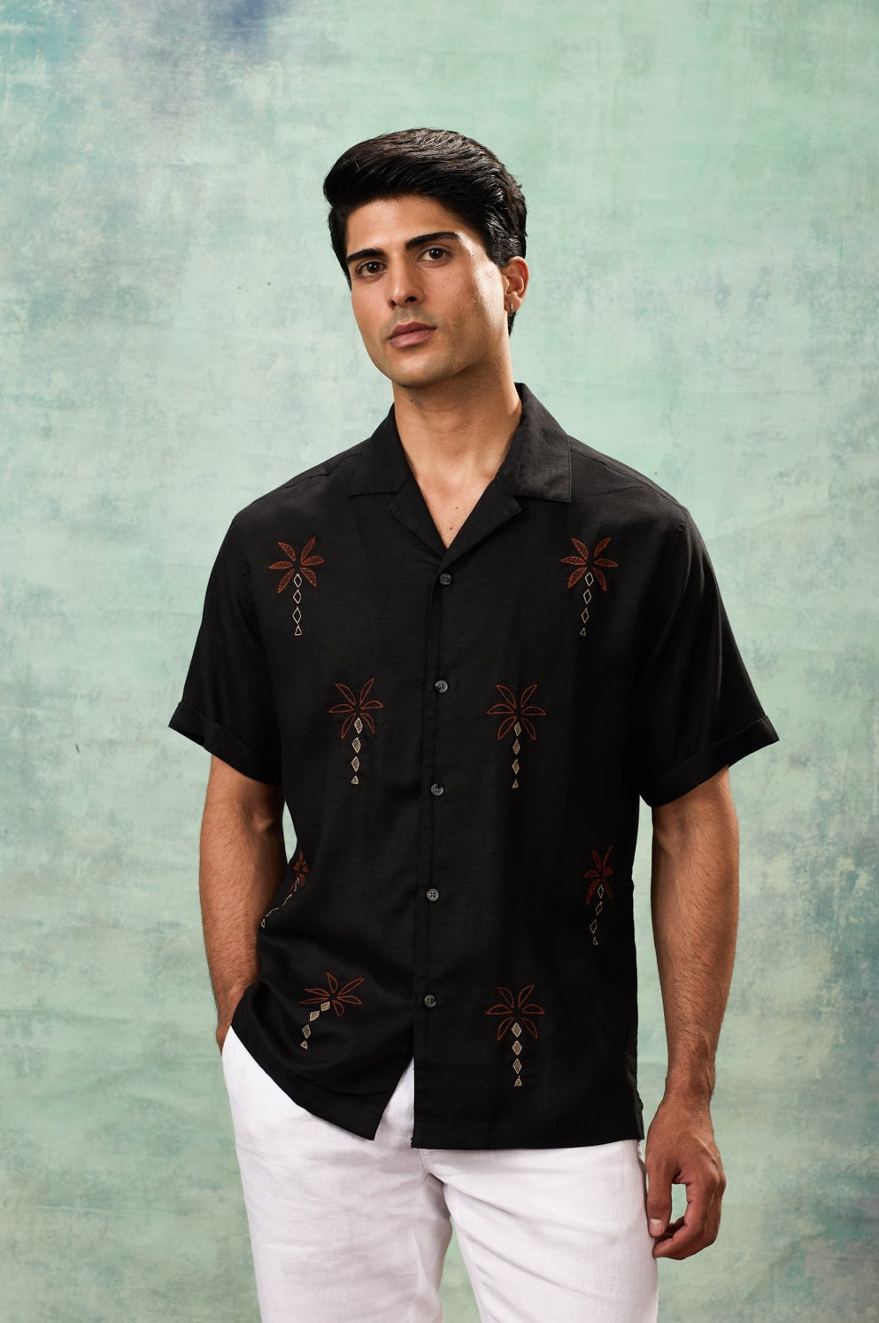 Black Half Sleeve Resort Collar Collar Shirt