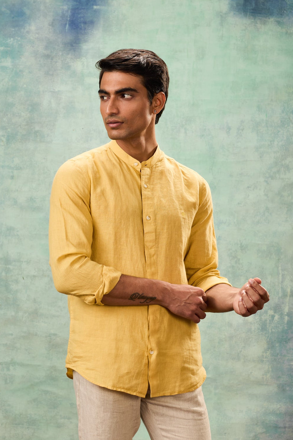 Yellow Full Sleeve Mandarin Collar Shirt