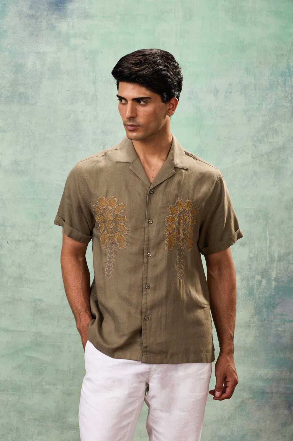 Olive Half Sleeve Resort Collar Shirt