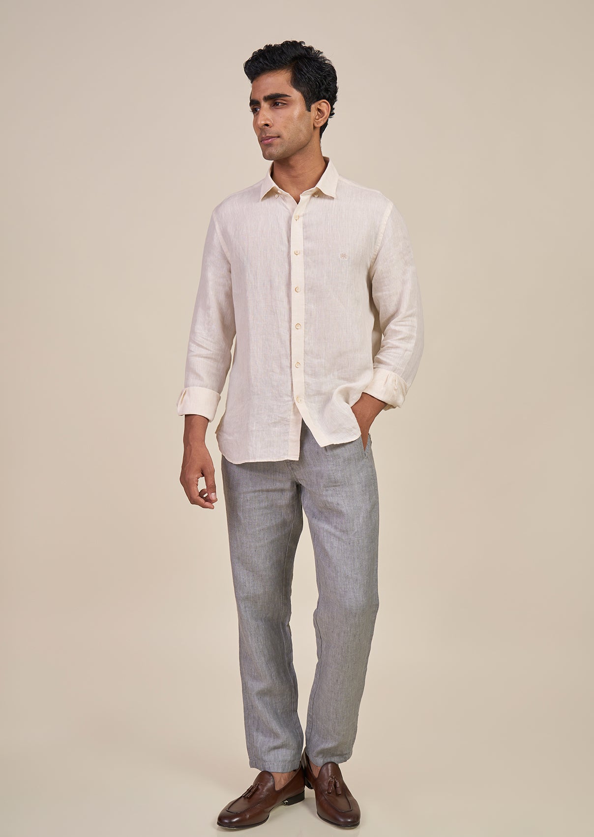 Stone Grey Napoli Pleated Linen Trouser