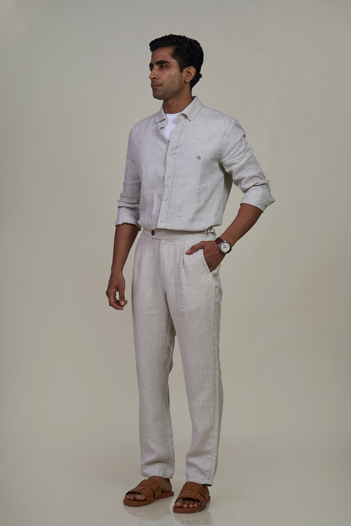 Ecru Napoli Pleated Linen Trouser
