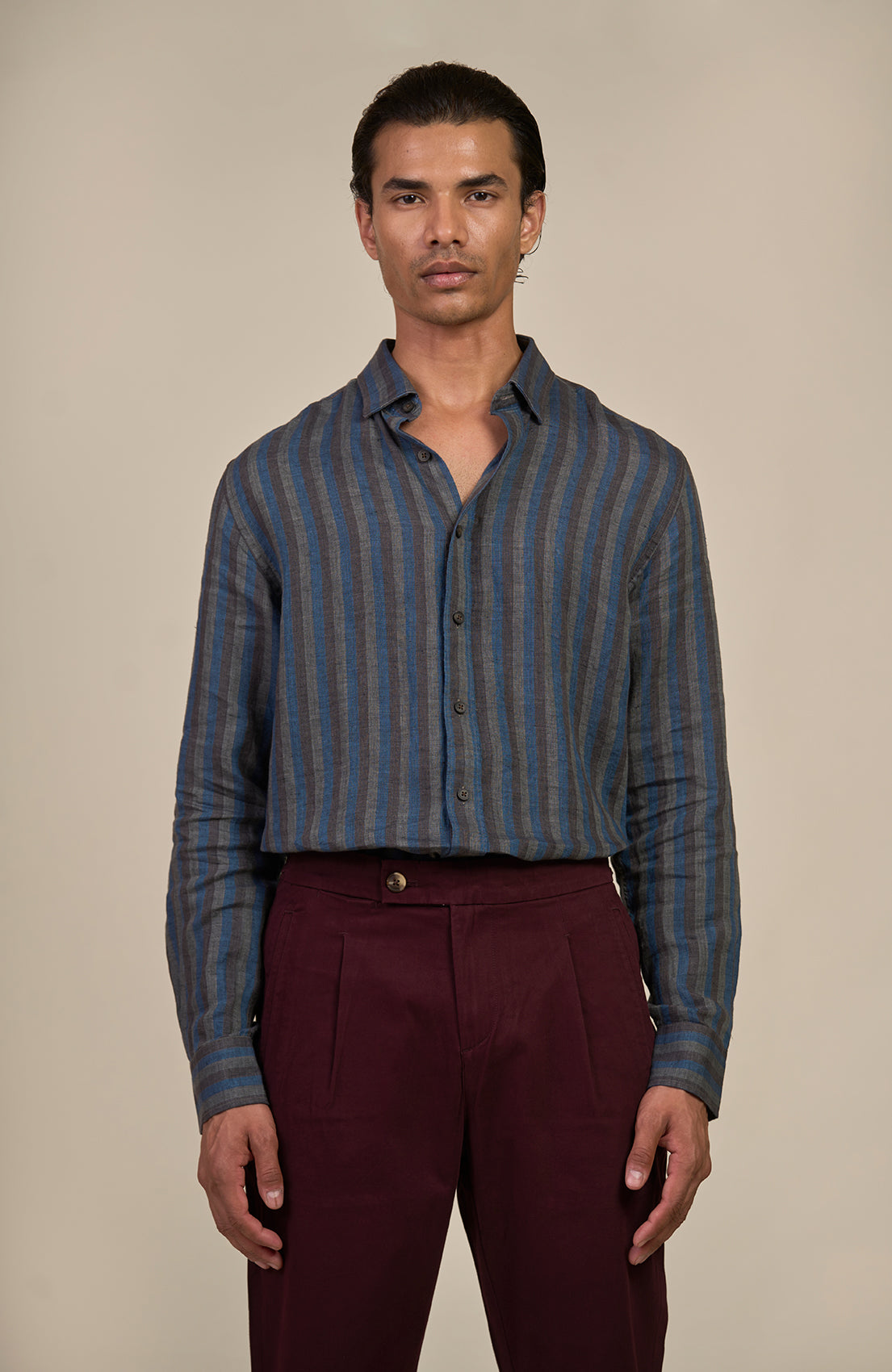 Blue Grey Striped Linen Shirt