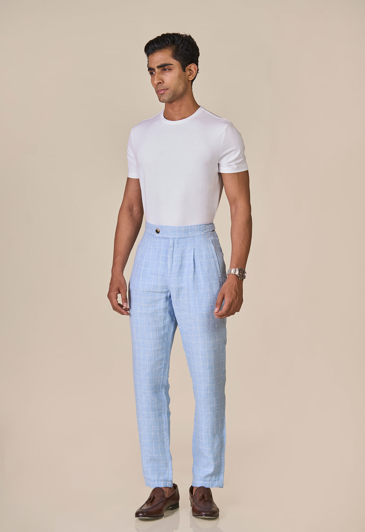 Sky Blue Napoli Pleated Linen Trouser